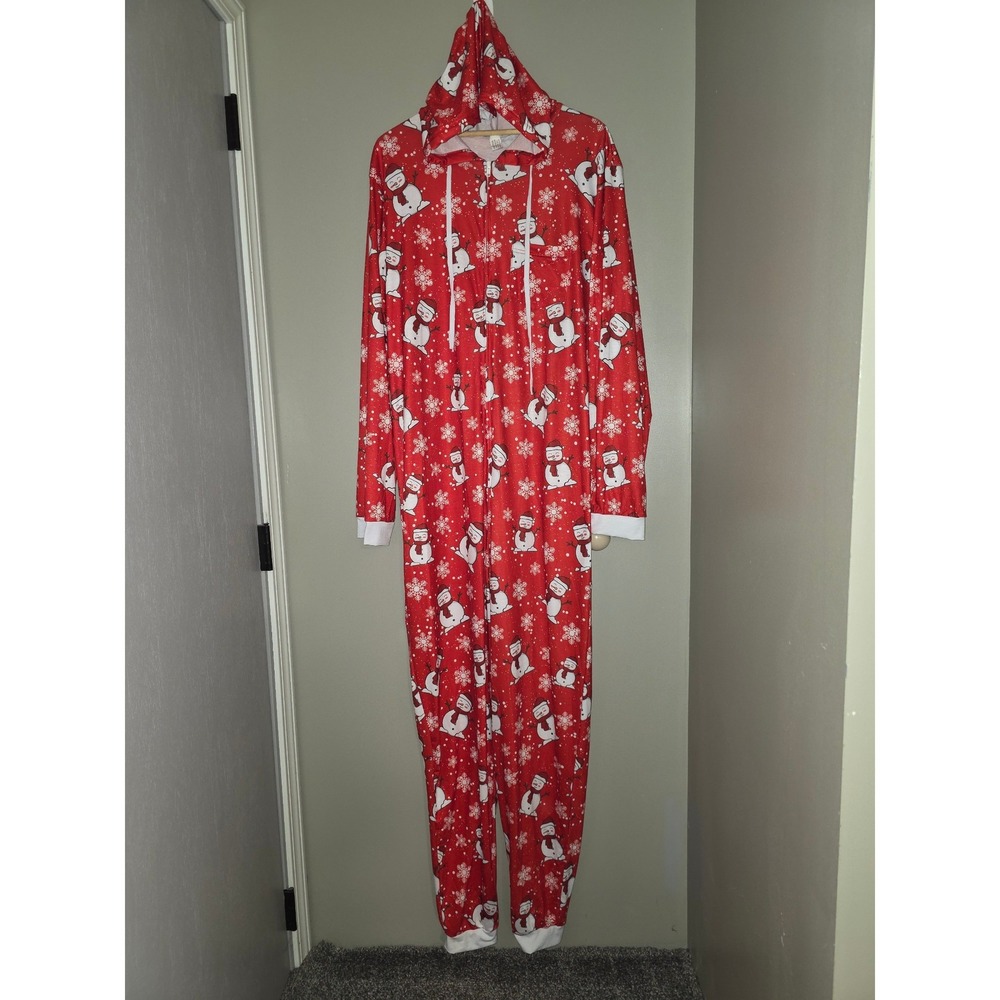 Red Snowman Snowflake Hooded One Piece Pajamas Union Suit Christmas Loungewear L